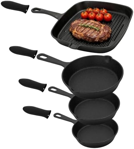 4 Pieces Cast Iron Skillet Set, Frying Pan and Grill Pan Set by Unknown