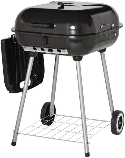 Portable Charcoal Grill with Wheels, 21-Inch BBQ Kettle Grill with Foldable Side Shelf & Warming Rack, Porcelain-Enameled Locking Lid & Adjustable Air Vent for Outdoor Camping, Patio, Backyard, Black