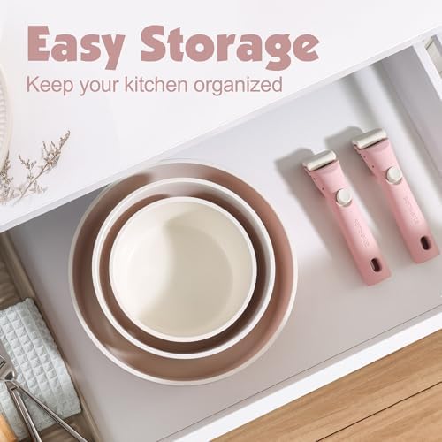 SENSARTE 24 Piece Ceramic Detachable Handle Pots and Pans Set Pink - Image 3