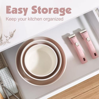 SENSARTE 24 Piece Ceramic Detachable Handle Pots and Pans Set Pink - Image 3