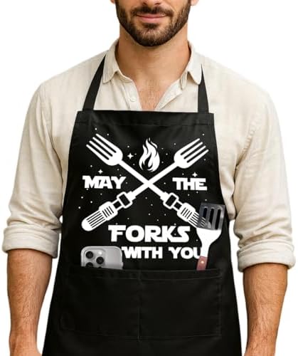 Funny Black Grill Apron with Pockets by NIORAYNA