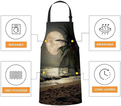 Tropical Beach Palm Tree With Full Moon Starry Night Waterproof Apron Kitchen - Image 4