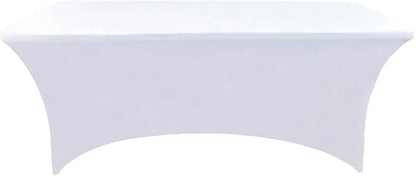 6-Pack 8ft White Spandex Table Covers for Rectangle Folding Tables - Washable Elastic Tablecloth - Ultimate Fitted Table Protector for Birthday Parties, Trade Shows, Banquet