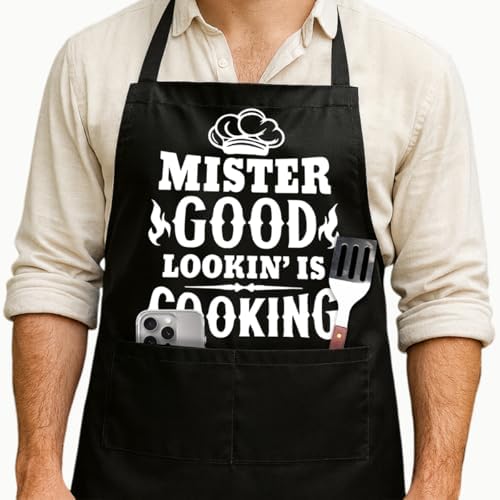 Funny Black Grill Apron with Pockets by NIORAYNA
