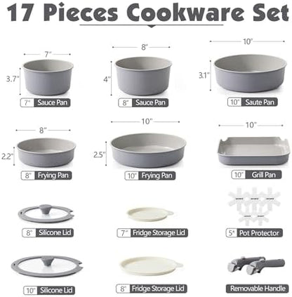 SENSARTE 17 Piece Ceramic Detachable Handle Pots and Pans Set Gray - Image 2