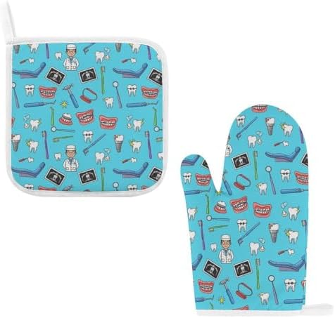 2 Pcs Kitchen Gloves Hot Pad Teeth Dental Blue Farmhouse Pot Holder Oven Mitts by Unknown