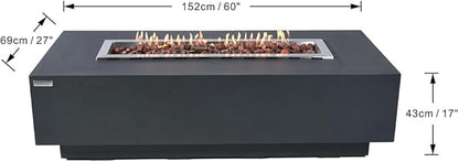 Elementi Granville Dark Grey Fire Pit Outdoor Firepit Set Includes 60” Natural Gas Concrete Firepit Table, Glass Windscreen, Stainless Steel & Canvas Cover, Floor Mat and Beverage Tub