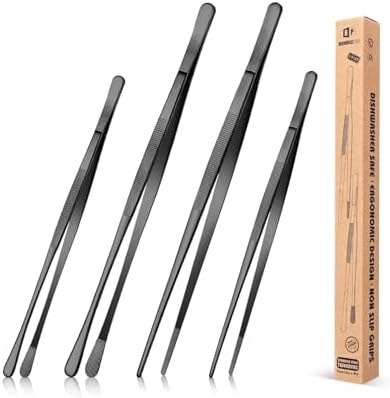 4 Pcs Fine Long Tweezer Tongs Professional Black, Sea food and BBQ by BUNDLEPRO