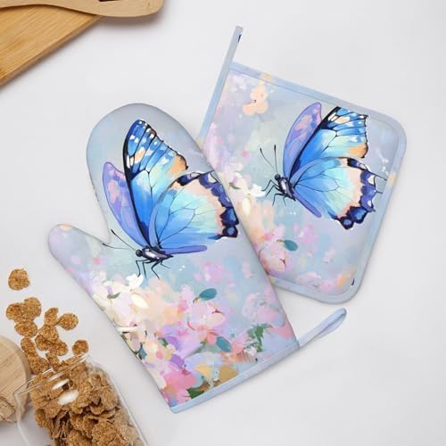 Oven Mitts Pot Holders Set Butterfly Flower Oil Painting Silicone Kitchen - Image 6