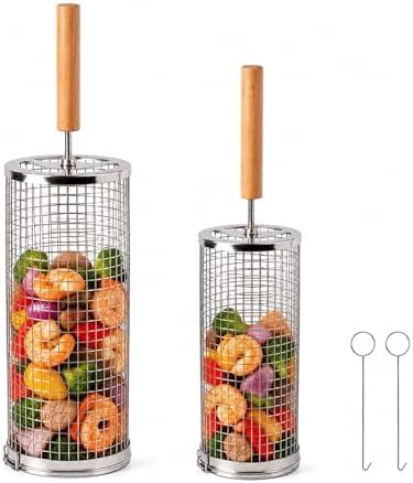 Rolling Grill Basket 2 Pack, Stainless Steel BBQ Grilling Cage by Dreamoon