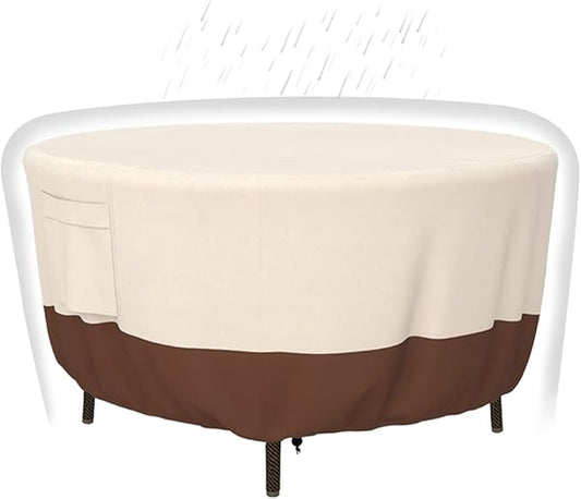 Patio Furniture Covers, Heavy Duty Round Patio Table Cover (72D x 28H Inch) Outdoor Dining & Coffee Table Cover for Veranda, Lawn, Table, Chair-Waterproof & Weather Resistant, Anti UV - Beige & Brown