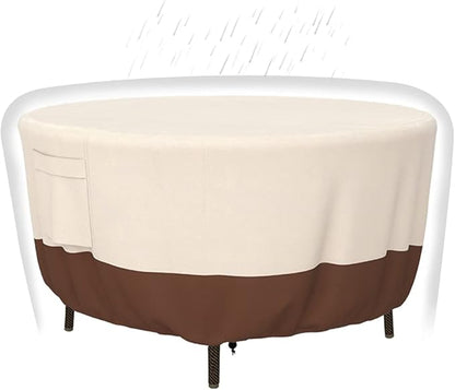 Patio Furniture Covers, Heavy Duty Round Patio Table Cover (62D x 28H Inch) Outdoor Dining & Coffee Table Cover for Veranda, Lawn, Table, Chair-Waterproof & Weather Resistant, Anti UV - Beige & Brown