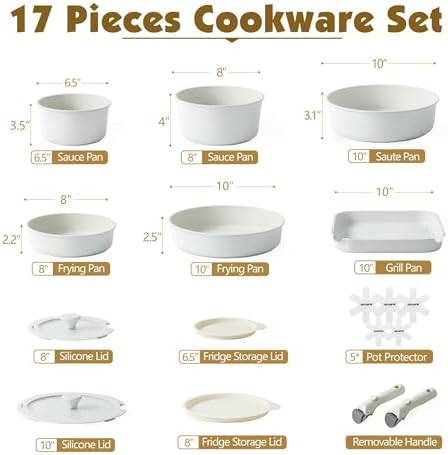 SENSARTE 17 Piece Nonstick Detachable Handle Pots and Pans Set White - Image 2