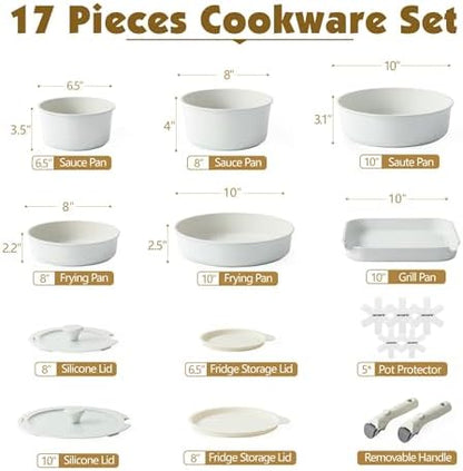 SENSARTE 17 Piece Nonstick Detachable Handle Pots and Pans Set White - Image 2