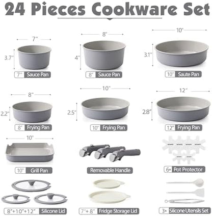 SENSARTE 24 Piece Ceramic Detachable Handle Pots and Pans Set Gray - Image 2