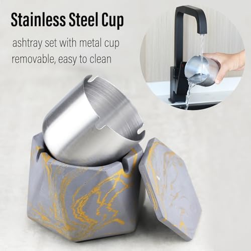 FREELOVE Concrete Ashtray with Lid & Stainless Steel Ashtrays - Image 4
