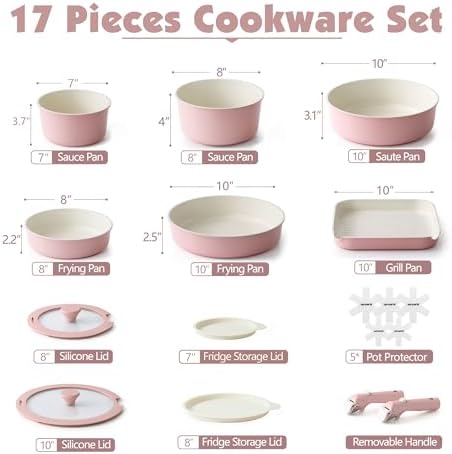 SENSARTE 17 Piece Ceramic Detachable Handle Pots and Pans Set Pink - Image 2