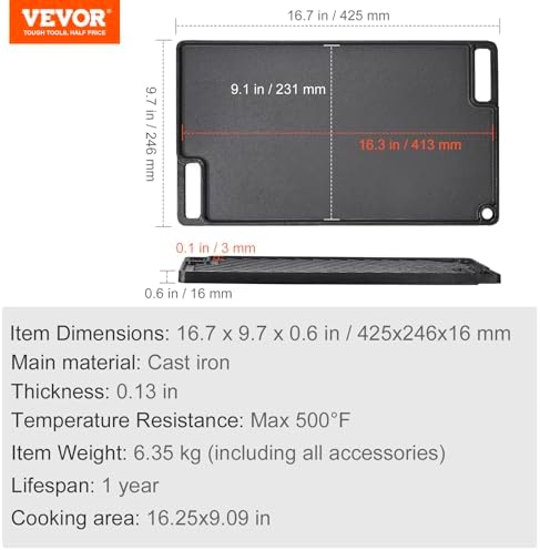 VEVOR Reversible Grill/Griddle, 9.7"x16.7" Pre-Seasoned Cast Iron Griddle - Image 7