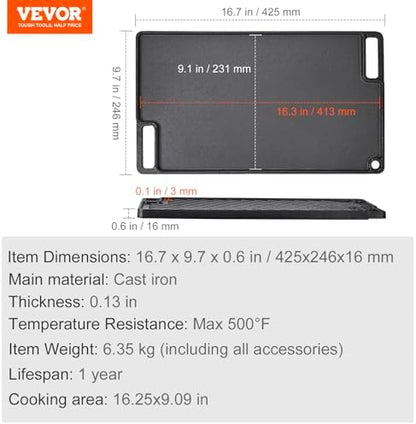 VEVOR Reversible Grill/Griddle, 9.7"x16.7" Pre-Seasoned Cast Iron Griddle - Image 7