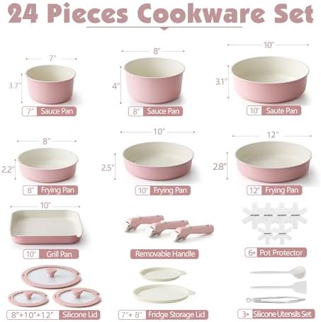 SENSARTE 24 Piece Ceramic Detachable Handle Pots and Pans Set Pink - Image 2