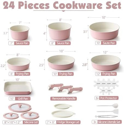 SENSARTE 24 Piece Ceramic Detachable Handle Pots and Pans Set Pink - Image 2