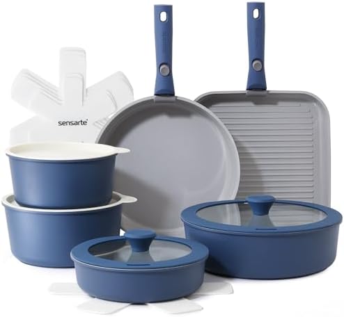 SENSARTE 17 Piece Ceramic Detachable Handle Pots and Pans Set Navy by SENSARTE