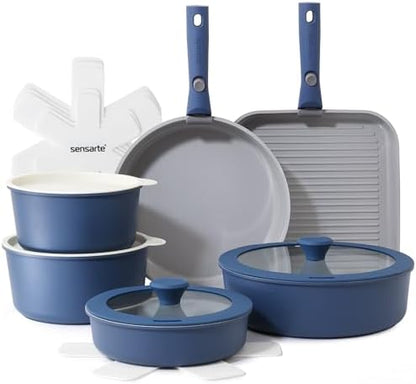 SENSARTE 17 Piece Ceramic Detachable Handle Pots and Pans Set Navy by SENSARTE