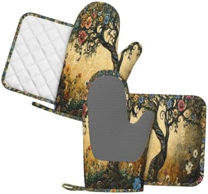 Oven Mitts Pot Holders Set Whimsical Flower Tree Silicone Kitchen Gloves - Image 2