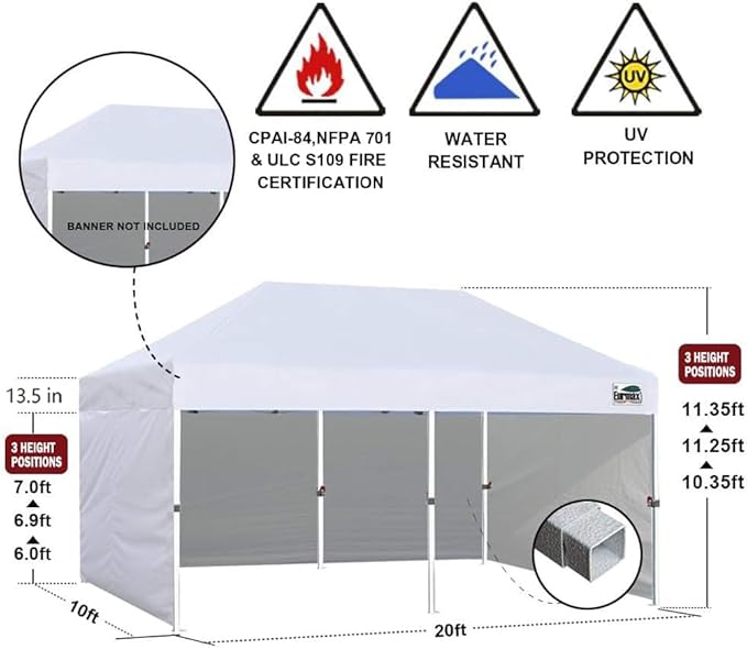 Eurmax USA 10'x20' Pop-up Canopy Tent Commercial Instant Canopies with 4 Removable Zipper End Side Walls and Roller Bag, Bonus 6 SandBags(Yellow)