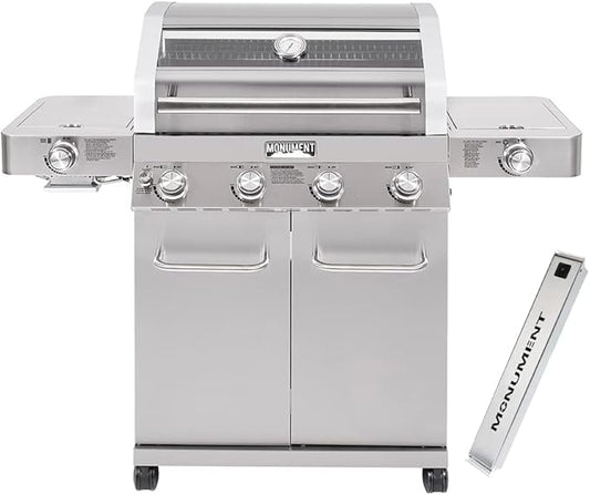Monument Grills Larger 4-Burner Propane Gas Grills Stainless Steel Cabinet Style with Infrared Side Sear Burners & Side Burners with Smoke Box(2 items)