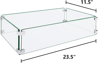 Fire Pit Wind Guard, 23.5"x11.5"x6" Glass Wind Guard for Fire Pit Square Table, Made of Clear Tempered Glass, Set with Assembly Instructions, Easy to Install