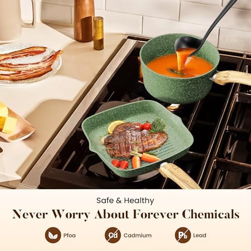 Kitchen Academy 17Pcs Green Induction Cookware Set, Nonstick Pots and Pans - Image 3