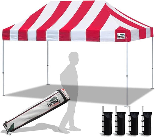 Eurmax USA 10'x15' Pop Up Canopy Tent Commercial Instant Canopies with Heavy Duty Roller Bag,Bonus 4 Sand Weights Bags (Stripe Red)