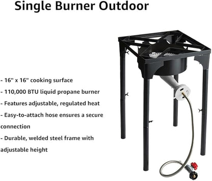 Adjustable Tall Gas Stove with Hose Guard, Steel Heavy Duty Single Burner Outdoor Patio Stove, Tank Cooker Perfect for Deep Frying or Steaming, Turkey Fry, Catered Events, Camping, Range - 110,000BTU