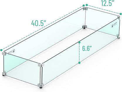 Skyflame Linear Fire Pit Wind Guard – 40.5" x 12.5" Thick Tempered Glass Firepit Screen/Clear Shields for Propane Fire Pit Table