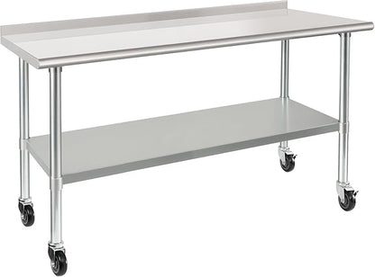 HARDURA Stainless Steel Table 24 x 60 Inches with Wheels Casters NSF Heavy Duty Commercial Prep Table with 2” Backsplash and Adjustable Undershelf for Restaurant Kitchen Home and Hotel