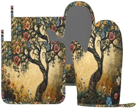Oven Mitts Pot Holders Set Whimsical Flower Tree Silicone Kitchen Gloves by SUPLUCHOM