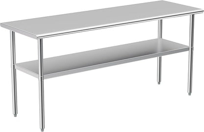 Stainless Steel Table for Prep & Work, 24x72 Inches, NSF Metal Commercial Heavy Duty Table with Adjustable Under Shelf and Foot for Restaurant, Home and Hotel