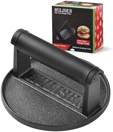 HULISEN 6" Pre-Seasoned Cast Iron Burger Press, 2.3 lb Heavy Burger Smasher by HULISEN