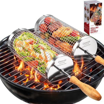 Rolling Grill Baskets, Gifts for Men, Grilling Accessories for Veggies—2 Pack by Chenovate%E2%80%94InovatetheChange