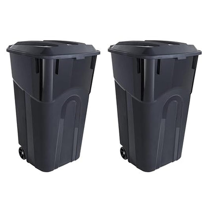 32 Gallon Heavy Duty Wheeled Plastic Garbage Can with Attached Lid and Easy Grip Handle – Bottom Hand Groove, Rugged Wheels, Indoor Outdoor Trash Can for Home, Kitchen, Yard, Patio (2)