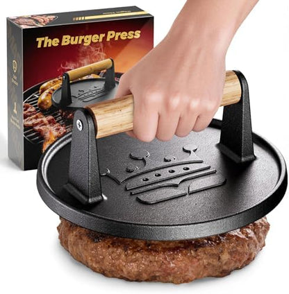 Smash Burger Press 6.5", Cast Iron Flat Round Burger Smasher by Basinel