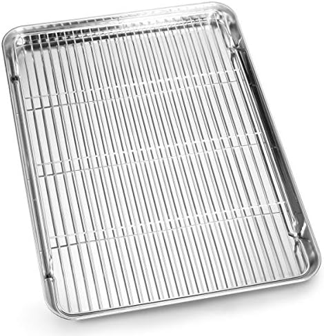 Cookie Sheet and Cooling Rack Set, 16 inch Stainless Steel Baking Pan by BASTWE