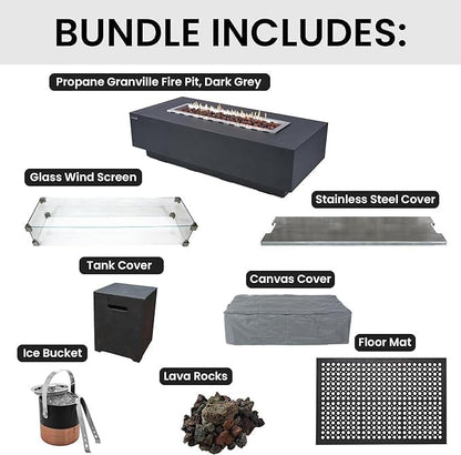 Elementi Granville Fire Pit Bundle Outdoor Firepit Set Includes 60” Dark Grey Propane Concrete Firepit Table, Glass Windscreen, Stainless Steel Cover, Canvas Cover, Floor Mat, Ice Bucket