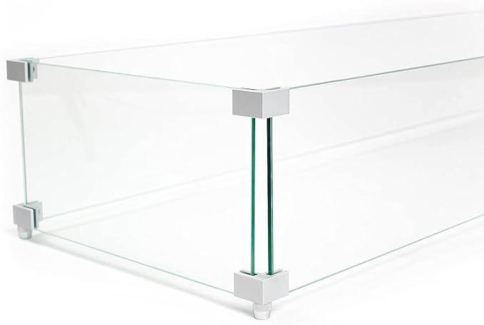 AMS Fireplace | Rectangular Fire Pit Glass Wind Guard for Madison Fire Pit (Light Gray) | Shielded from Patio Heater Flames | Tempered Glass with Polished Edges for Safety | Fire Table Glass Shield