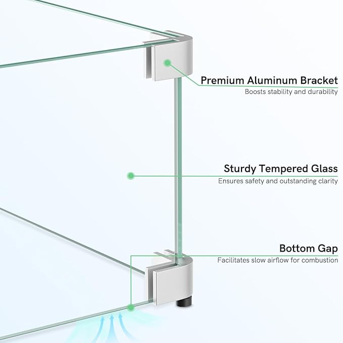 20.5 x 20.5 x 6 Inch Glass Wind Guard for Propane Gas Fire Pit Table, Square Thick Tempered Glass Shield, Firepit Glass Barrier with Aluminum Corner Bracket & Rubber Feet