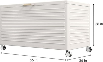 MIRADOR 175 Gallon Outdoor Storage Box Waterproof, Metal Deck Box with wheels for Patio Furniture, Garden Tools, Outdoor Cushion, Latte