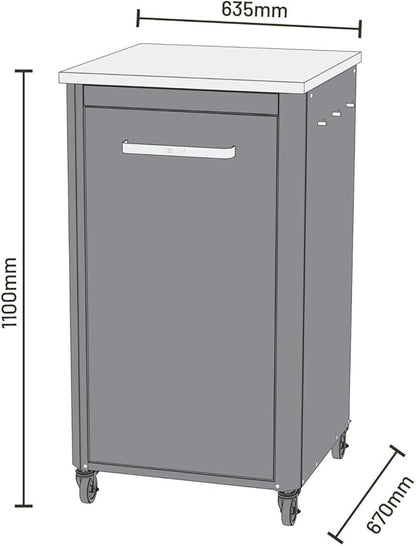 Outdoor Kitchen Table for Pizza Oven & Grill - Tall 110 cm 43" Height - Stainless Steel Worktop, 4 Wheels with Brakes, Modular Design, Storage Space & Hooks, Weatherproof & Robust Cabinet Cart