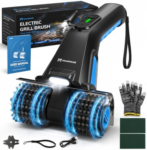 Cordless Electric Grill Brush Cleaner, LED Light, Dual Rollers by Homintell