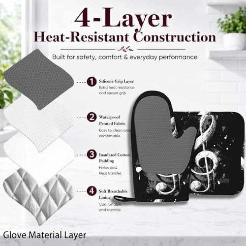 Black Notes Oven Mitts and Pot Holders Sets Non-Slip Silicone Surface - Image 4